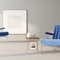 Modern Blue Lounge Chairs With Side Table White Spherical Decor Books And Grid Pattern Artwork 3d model
