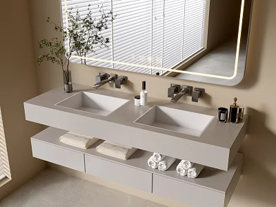 Modern Wall Mounted Bathroom Vanity With Double Sink Storage Drawers And Towel Racks 3d model