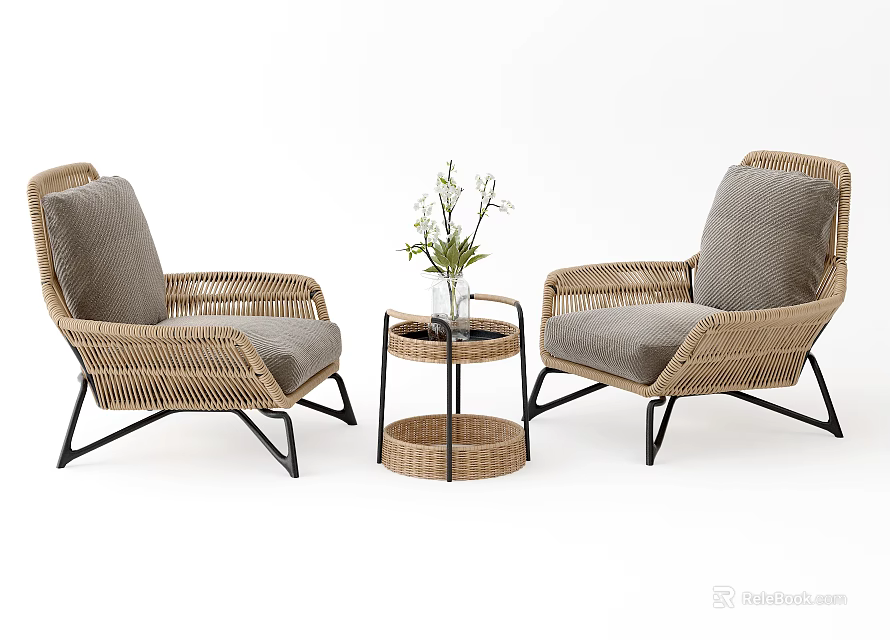 Outdoor Table With Wicker Chairs And Gray Cushions Featuring Plant On Top 3d model 