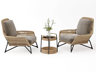 Outdoor Table With Wicker Chairs And Gray Cushions Featuring Plant On Top 3d model