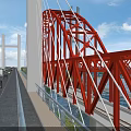 Red Arch Bridge With White Towers Spanning Calm Water Under Blue Sky And Clouds