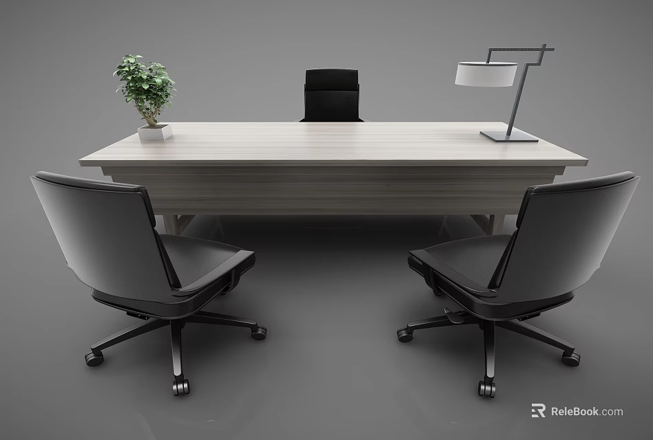 Modern Office Desk Setup With Potted Plant Black Chair Two Gray Chairs And Table Lamp 3d model 