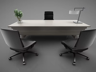 Modern Office Desk Setup With Potted Plant Black Chair Two Gray Chairs And Table Lamp 3d model