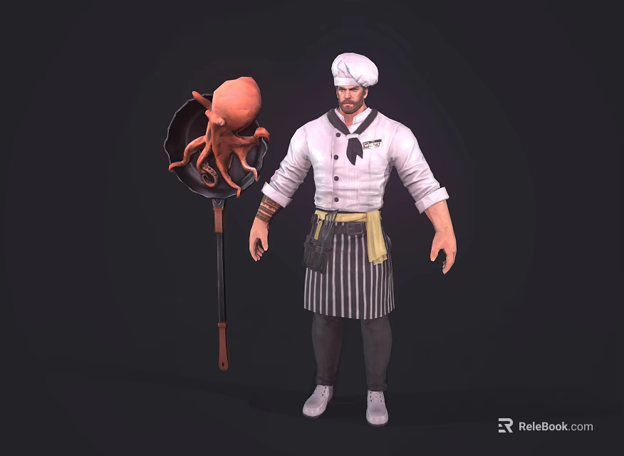 Man in Chef Uniform and Hat Standing with Large Octopus and Big Spoon 3d model 