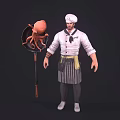 Man in Chef Uniform and Hat Standing with Large Octopus and Big Spoon 3d model