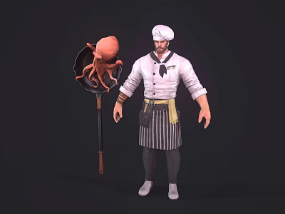 Man in Chef Uniform and Hat Standing with Large Octopus and Big Spoon 3d model