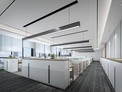 Open Public Office Space With Modern Design White Cubicles Long Pendant Lights And Green Plants 3d model