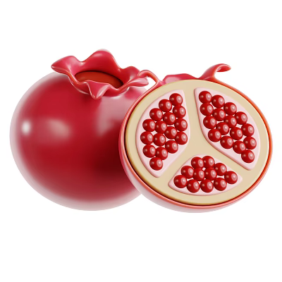 Fresh Red Pomegranate Whole and Cut Open Displaying Juicy Red Arils 3d model