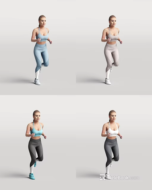 Active Woman Working Out In Various Poses With Blue Gray White Fitness Clothing 3d model 