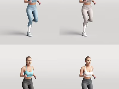 Active Woman Working Out In Various Poses With Blue Gray White Fitness Clothing 3d model