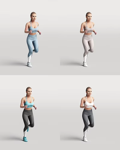 Active Woman Working Out In Various Poses With Blue Gray White Fitness Clothing 3d model