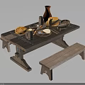 Rustic Wooden Table And Bench With Fresh Bread Cheese Eggs Mugs Bowls And Clay Vase