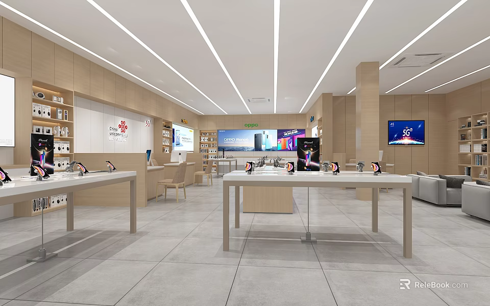 Modern Electronics Store Interior With Display Tables Smartphones And Wall Screens 3d model 