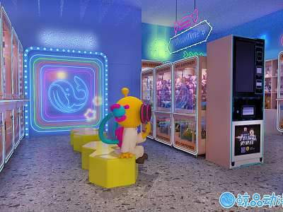 Indoor Playground With Neon Lights Claw Machines Yellow Seats And Cartoon Dolls 3d model