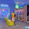 Indoor Playground With Neon Lights Claw Machines Yellow Seats And Cartoon Dolls