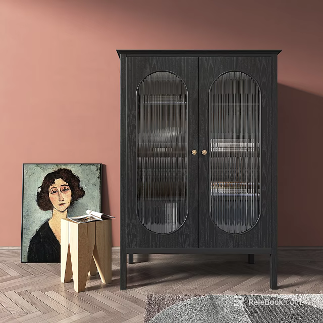 Black Wardrobe With Double Glass Doors Vertical Stripe Design And Golden Handles By Pink Wall 3d model 