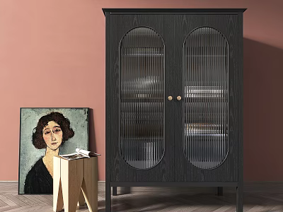 Black Wardrobe With Double Glass Doors Vertical Stripe Design And Golden Handles By Pink Wall 3d model