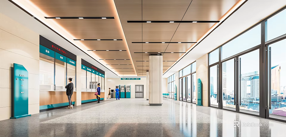 Spacious Public Hall Interior With Service Counters Windows Ceiling Lights And People 3d model 