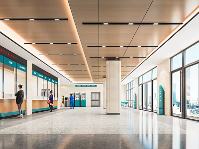 Spacious Public Hall Interior With Service Counters Windows Ceiling Lights And People 3d model