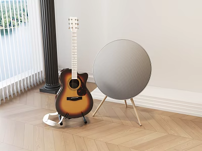 Acoustic Guitar And Round Gray Speaker On Wooden Floor With Window Curtain 3d model