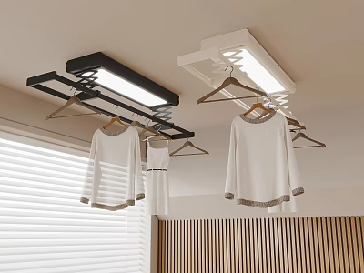 Ceiling Mounted Clothes Drying Rack With LED Lights Hanging White Garments And Wooden Wall 3d model