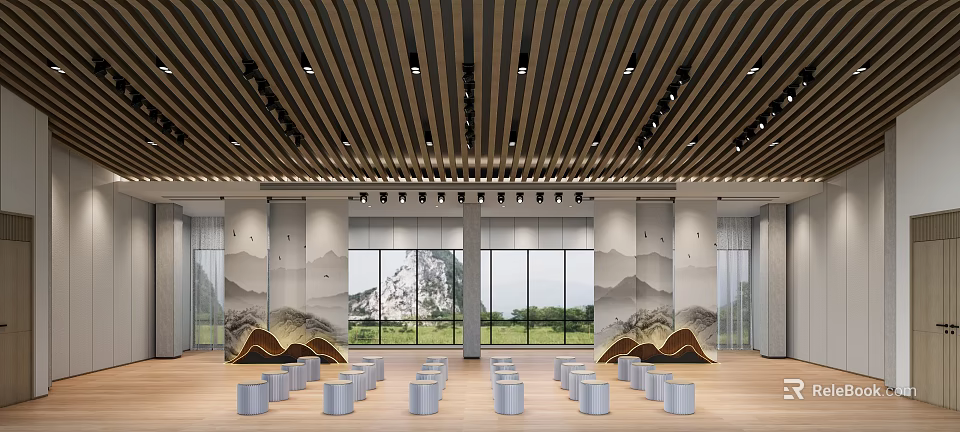 Exhibition Hall With Wooden Slat Ceiling Black Spotlights Landscape Decor Large Windows And Silver Seats 3d model 