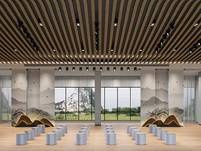 Exhibition Hall With Wooden Slat Ceiling Black Spotlights Landscape Decor Large Windows And Silver Seats 3d model