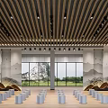 Exhibition Hall With Wooden Slat Ceiling Black Spotlights Landscape Decor Large Windows And Silver Seats