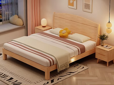 Cozy Wooden Double Bed With Striped Bedding Pillows Nightstand Lamp And Rug 3d model