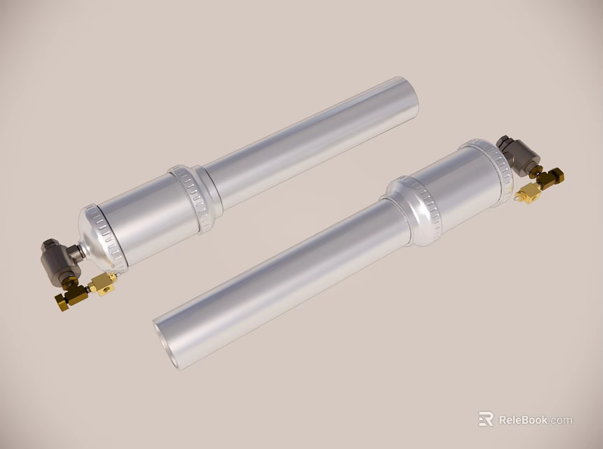 Two Silver Cylindrical Industrial Components With Golden Connecting Parts For Mechanical Applications 3d model 