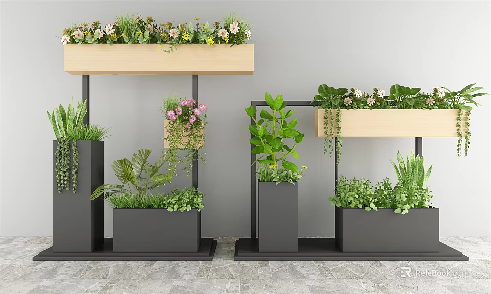 Decorative Garden Plant Stands with Wooden Tops Black Frames Various Green Plants and Pink Flowers 3d model 