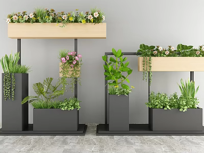 Decorative Garden Plant Stands with Wooden Tops Black Frames Various Green Plants and Pink Flowers 3d model