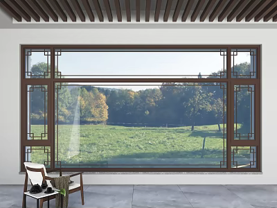 Classic Wooden Casement Window With Decorative Lattice And Scenic Green Lawn Trees View 3d model