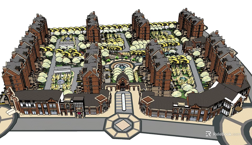 Red Brick Residential Community Layout With Central Gardens Squares And Symmetric Design 3d model 