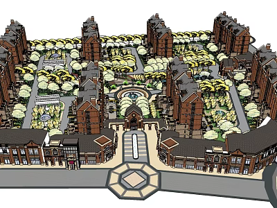 Red Brick Residential Community Layout With Central Gardens Squares And Symmetric Design 3d model