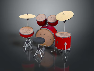 Complete Red Drum Set With Cymbals Drums And Adjustable Stool 3d model