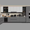 Modern Kitchen With Gray White Cabinets And Various Kitchenware On Countertop
