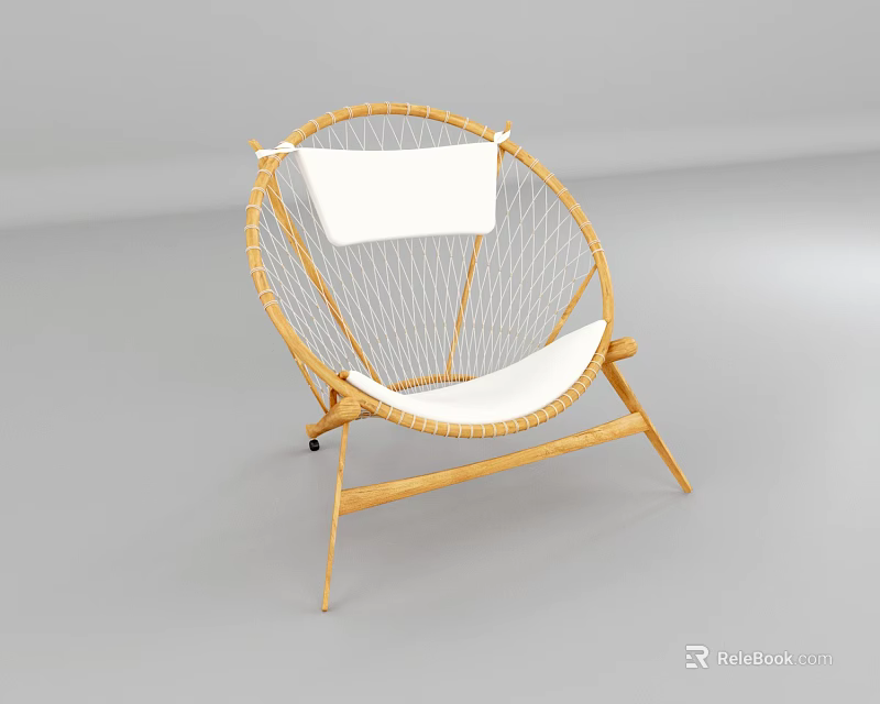 Modern Rattan Leisure Chair With Round Backrest Wooden Frame And White Cushion 3d model 