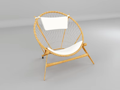 Modern Rattan Leisure Chair With Round Backrest Wooden Frame And White Cushion 3d model