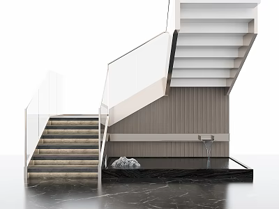 Modern Staircase With Glass Railing Wooden Steps Marble Floor And Wooden Panel Wall 3d model