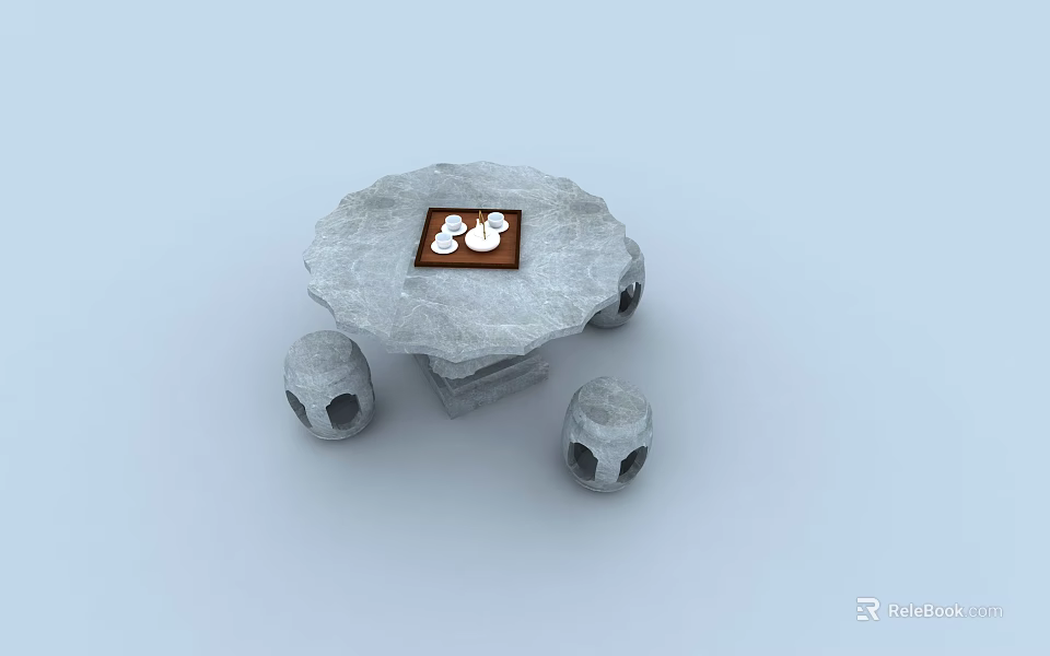 Stone Outdoor Table Featuring Round Tabletop White Cups On Tray And Hole Design Stools 3d model