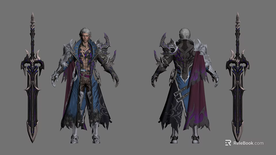 Fantasy Warrior Character Design Featuring Armor Weapon Cloak And Purple Blue Palette 3d model 