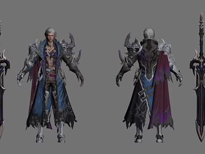 Fantasy Warrior Character Design Featuring Armor Weapon Cloak And Purple Blue Palette 3d model