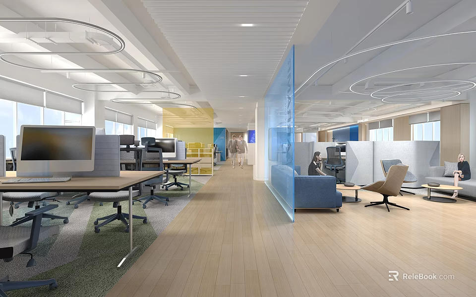 Modern Public Office Space With Workstations Ergonomic Chairs Cubicles And Natural Lighting Windows 3d model 