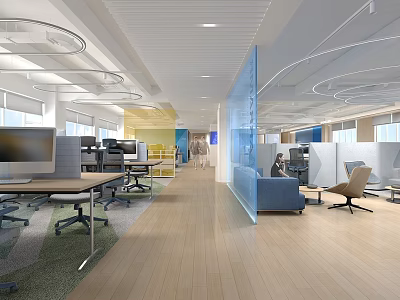 Modern Public Office Space With Workstations Ergonomic Chairs Cubicles And Natural Lighting Windows 3d model