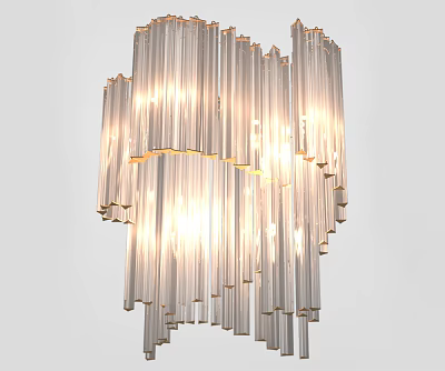 Modern Elegant Chandelier With Layered Vertical Transparent Glass Strips Illuminated Warm Glow 3d model