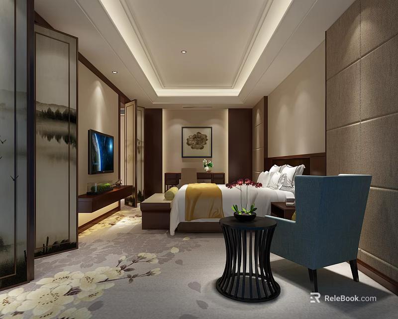 Elegant Hotel Guest Room Interior With Comfortable Bed TV Decorative Painting And Chair 3d model 