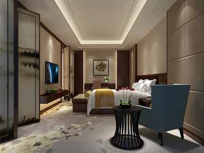 Elegant Hotel Guest Room Interior With Comfortable Bed TV Decorative Painting And Chair 3d model