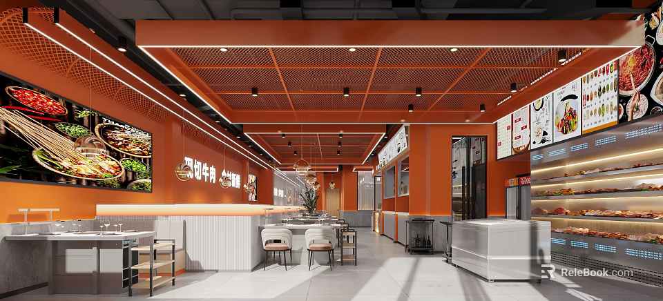 Hotpot Restaurant Interior Design With Orange Decor Open Layout Tables And Menu Posters 3d model 