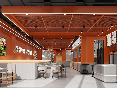 Hotpot Restaurant Interior Design With Orange Decor Open Layout Tables And Menu Posters 3d model